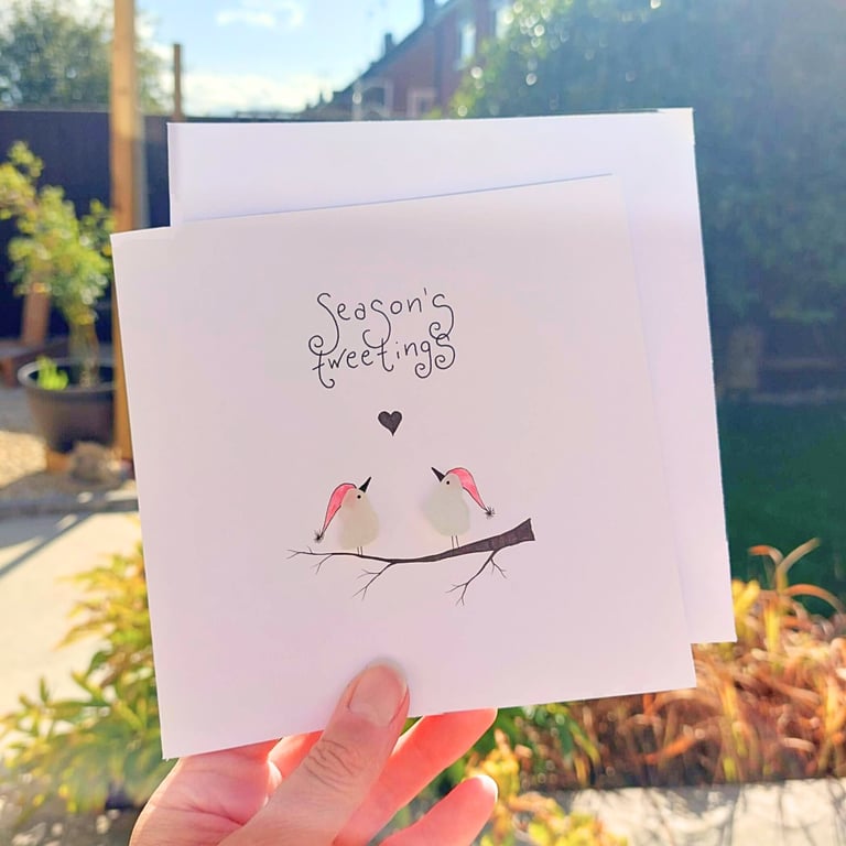 Sea Glass Lovebirds Christmas Card - Handmade Season's Tweetings Card 