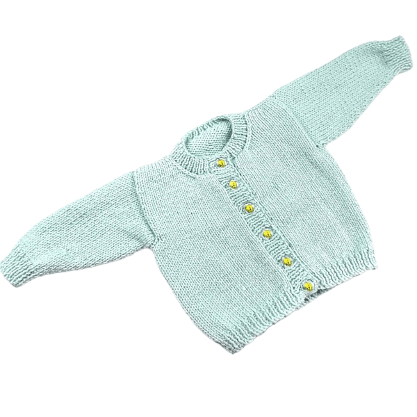 Gender-Neutral Baby Cardigan, Hand Knitted in Duck Egg Blue