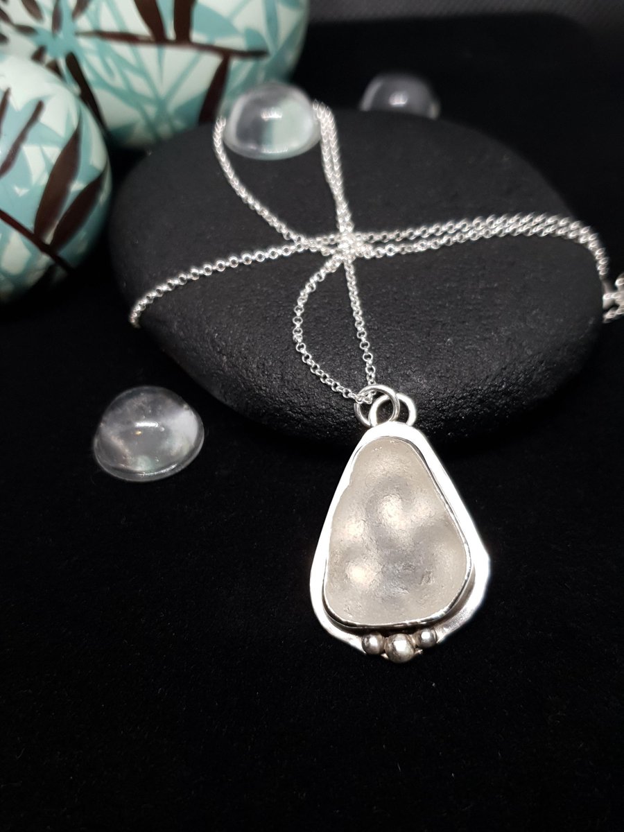 Sterling Silver 925 White Seaham Seaglass Pendant Full Hallmark