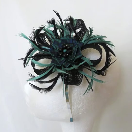 Black & Emerald Green Feather & Sinamay Tartan Fascinator