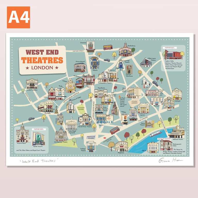 West End Theatres London ornamental map A4