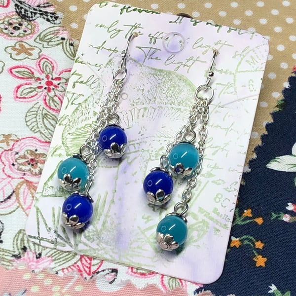 Blue glass cats eye chain earrings 
