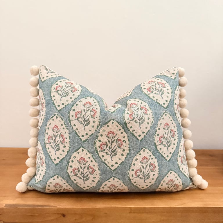 INCLUDES FEATHER PAD - Fleur De Lune Blue Floral Pom Pom Lumbar Cushion