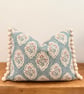 INCLUDES FEATHER PAD - Fleur De Lune Blue Floral Pom Pom Lumbar Cushion