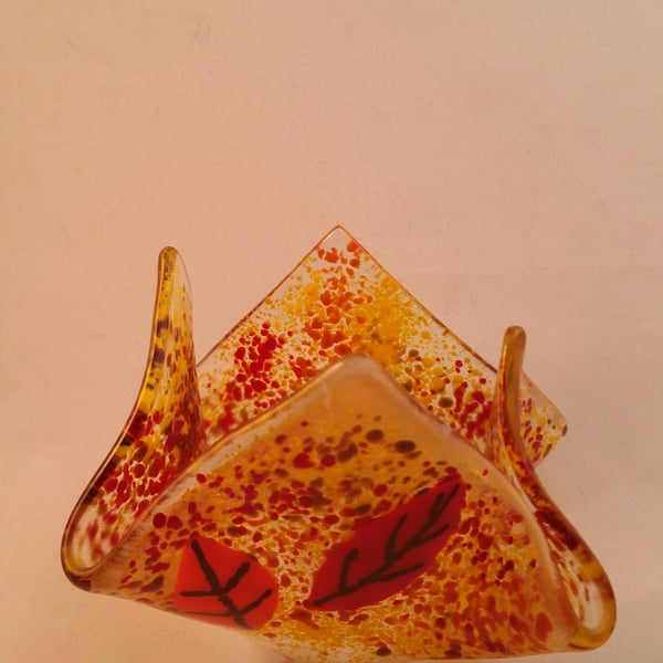 Fused Glass Tea Light Holder - Autumn Leaves