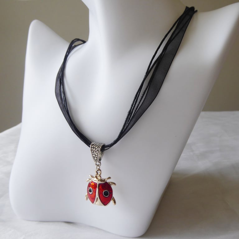 Black Ribbon & Cord Adjustable Necklace with Enamelled Ladybird Pendant 