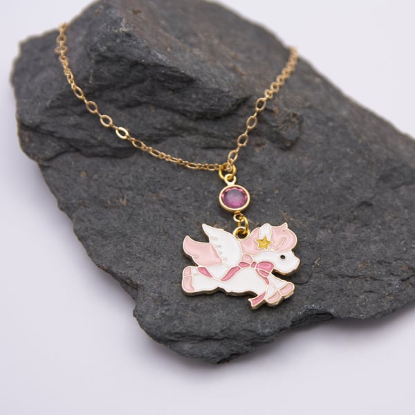 Pink and White Pegasus Flying Horse Enamel and Crystal Necklace