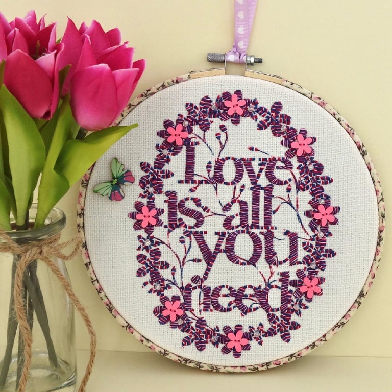 Purple Floral Embroidery Hooped Decoration 20cm (8”) ready to hang