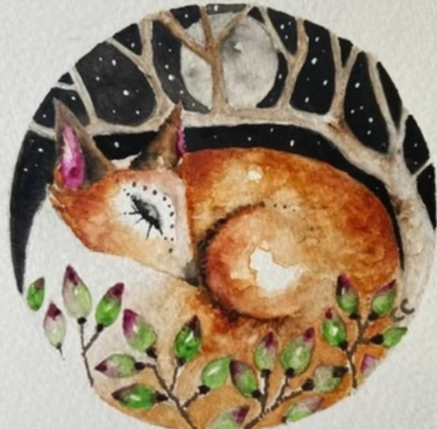 Original Resting Fox under the Moon Watercolour with Mount