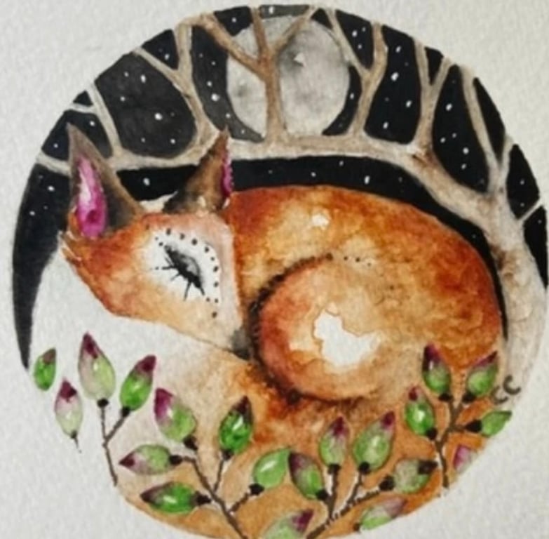 Original Resting Fox under the Moon Watercolour with Mount