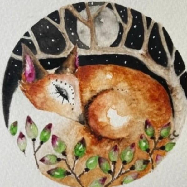 Original Resting Fox under the Moon Watercolour with Mount