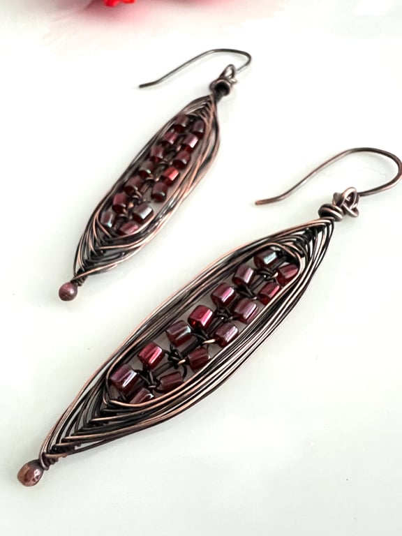 Dark Copper Herringbone Wire Wrapped Earrings with Red Lustre Seed Beads