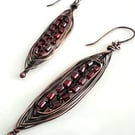 Dark Copper Herringbone Wire Wrapped Earrings with Red Lustre Seed Beads
