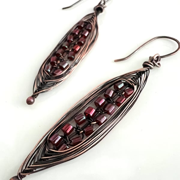 Dark Copper Herringbone Wire Wrapped Earrings with Red Lustre Seed Beads