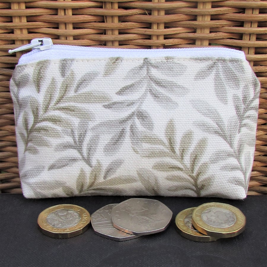 Small purse, coin purse - cream with beige and grey leaf pattern