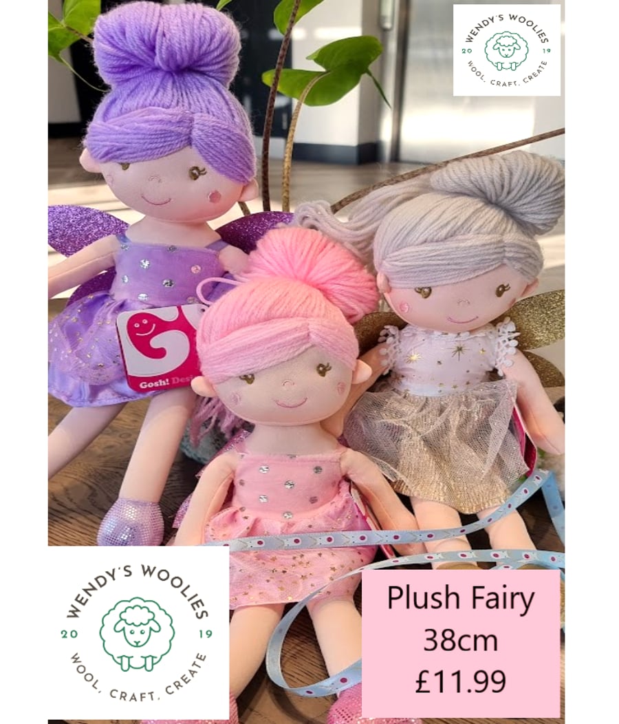 Fairy Doll 38cm Pink, Purple or Gold, Wool Hair, Wings, Rag Doll