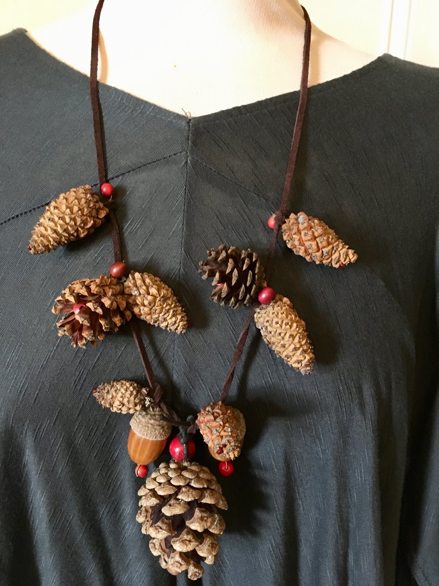 Custom Made Long Leather Statement Necklace Fir Cones, Acorns OOAK Unique Quirky