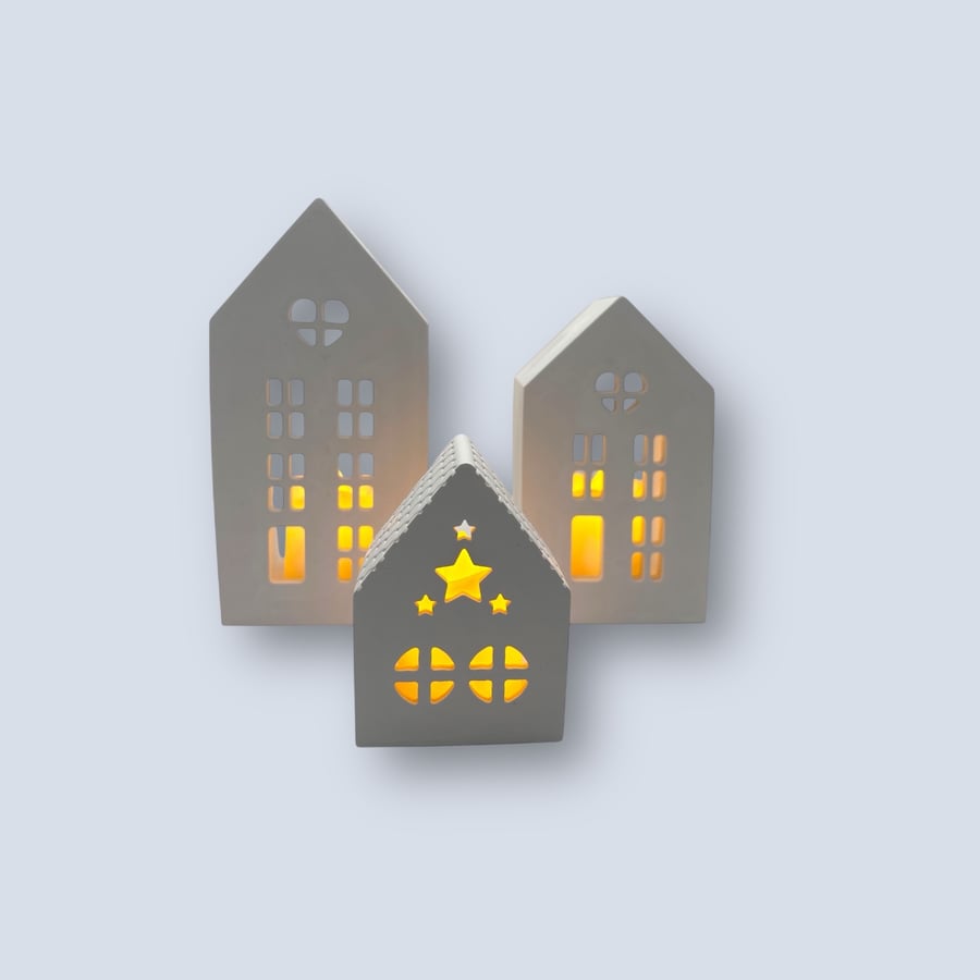 White Village House Lantern Set of 3 Tea Light Holders