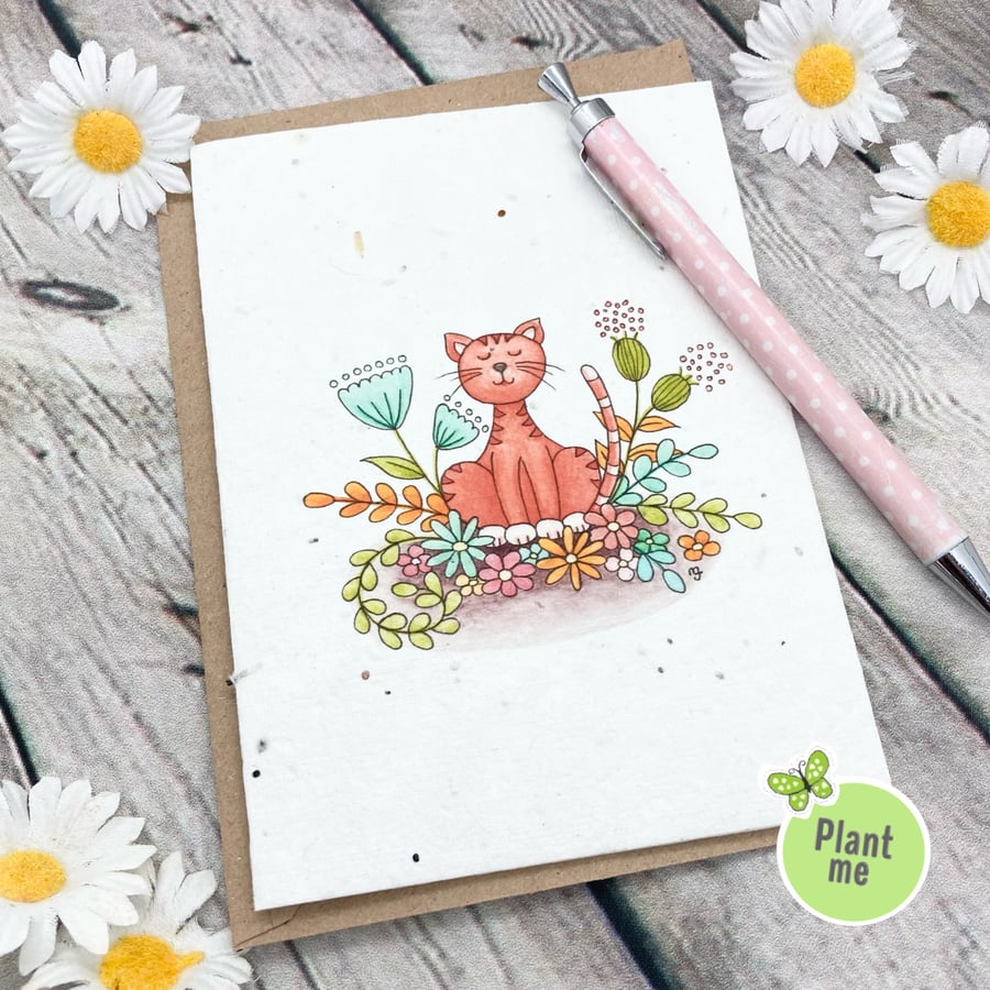 Plantable Wildflower Seed Card - Any Occasion  - Blank Card - Floral Cat