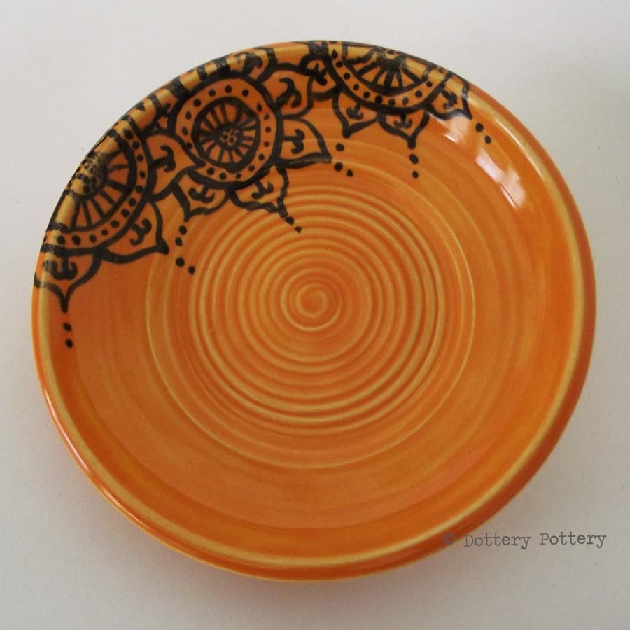 Bright and Bold orange plate pottery dish with pattern