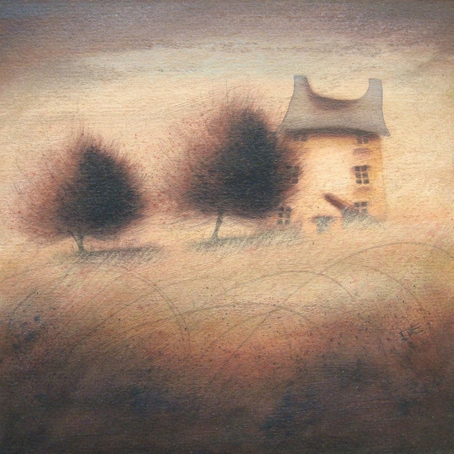 Sheltered - Framed Original Landscape, House,Tree Painting, Free UK Shipping 