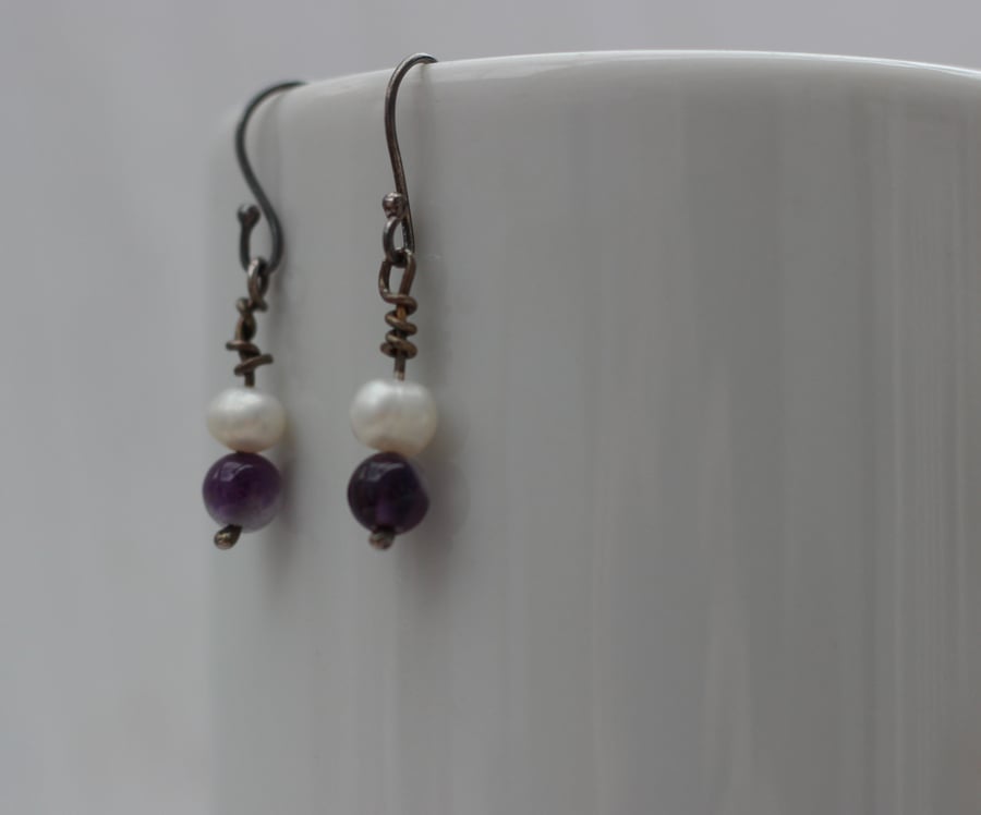 Amethyst and freshwater pearl, oxidised silver drop earrings, gift for her 