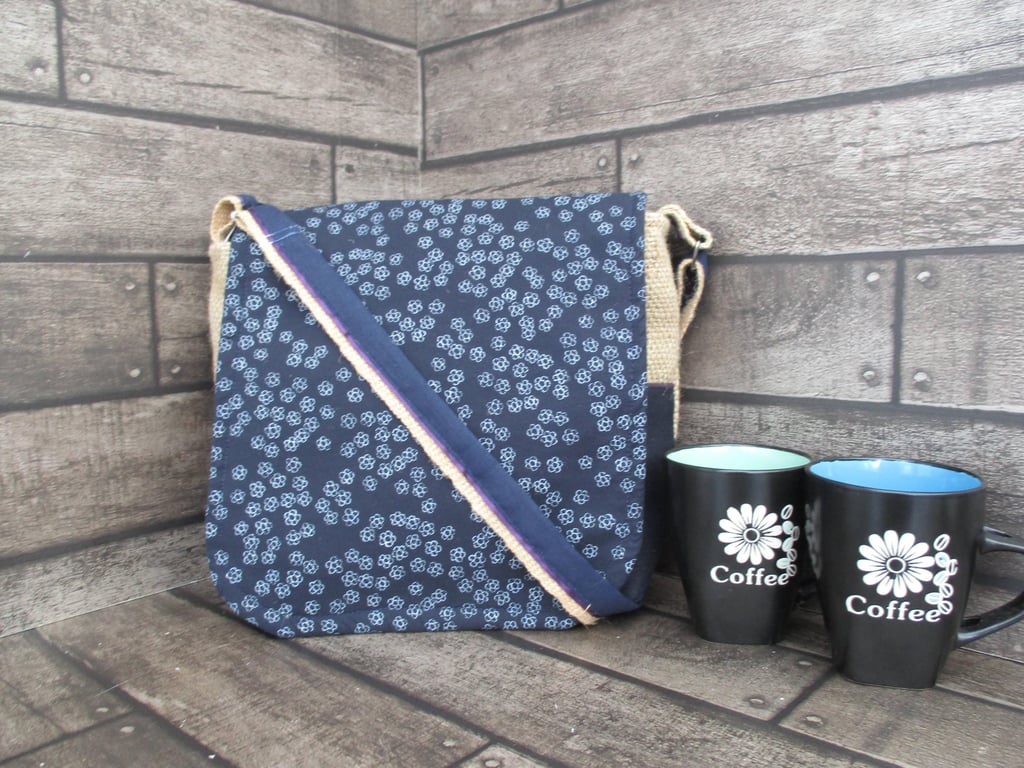 Upcycled Coffee Sack Crossbody Bag Blue Floral Shoulder Bag