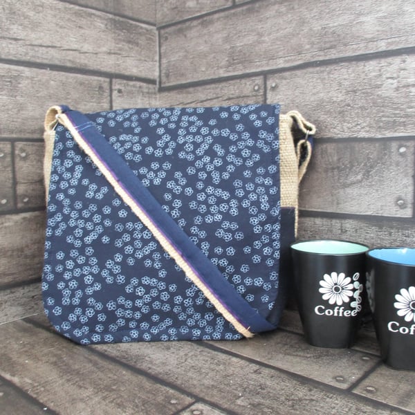 Upcycled Coffee Sack Crossbody Bag Blue Floral Shoulder Bag