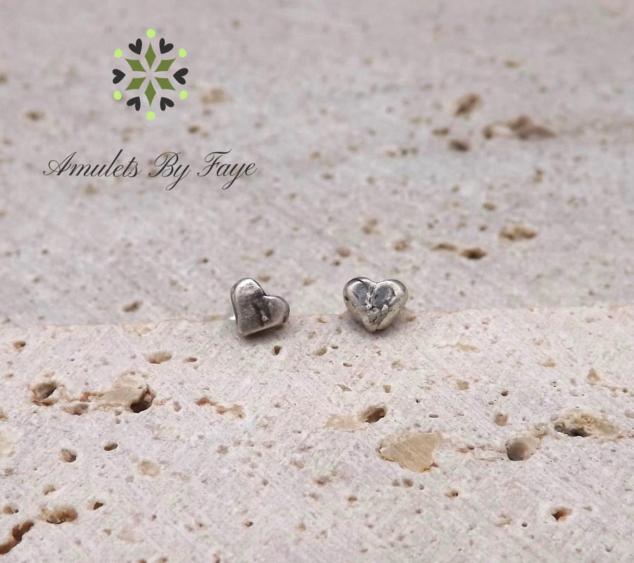 Recycled Sterling Silver Dainty Heart Stud Earrings.