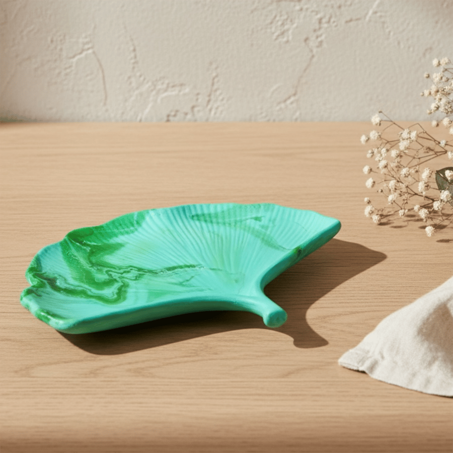 Turquoise and Green Marbled Ginkgo Leaf Trinket Tray (LD1)