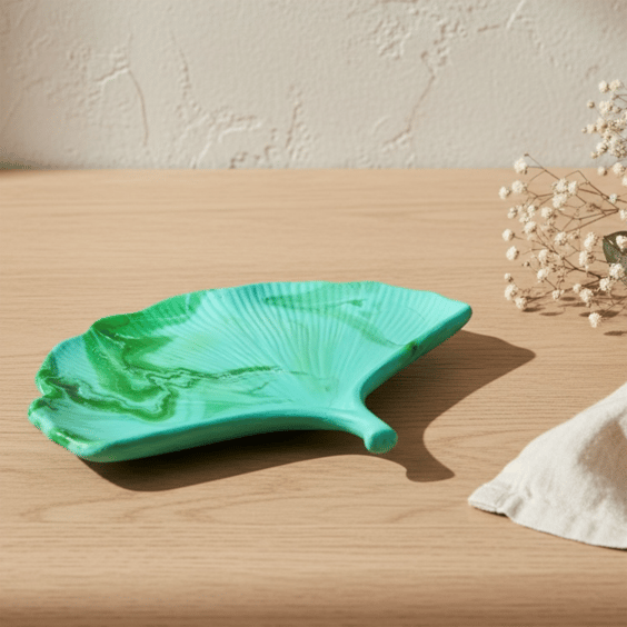 Turquoise and Green Marbled Ginkgo Leaf Trinket Tray (LD1)