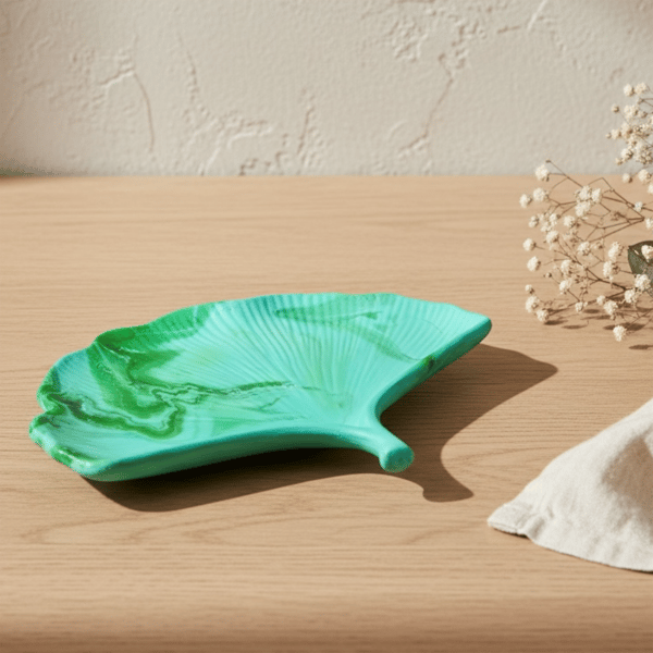 Turquoise and Green Marbled Ginkgo Leaf Trinket Tray (LD1)
