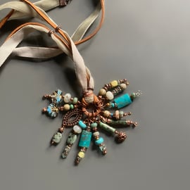 Gemstone Necklace  - Turquoise & Green Beaded Cluster