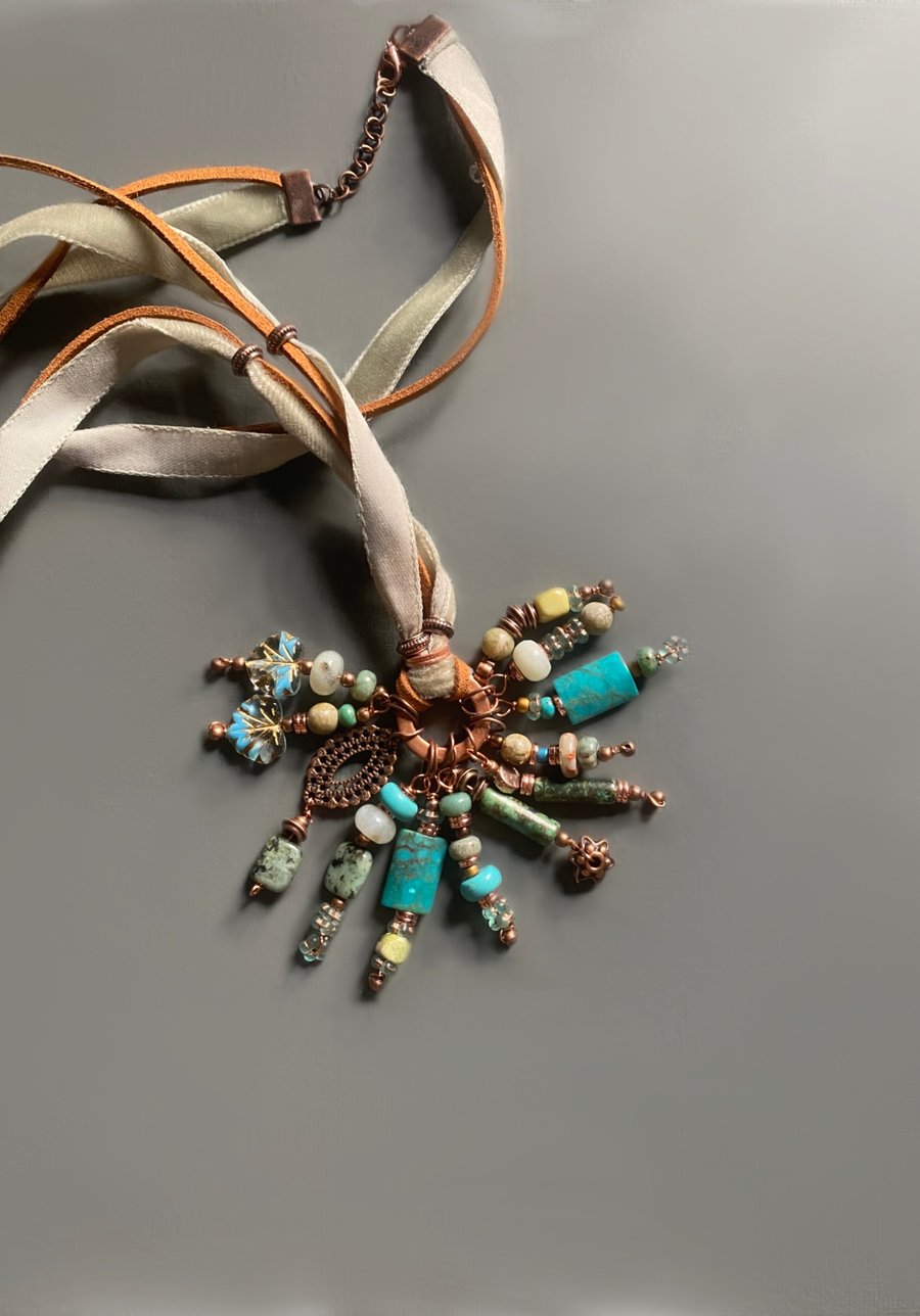 Gemstone Necklace  - Turquoise & Green Beaded Cluster