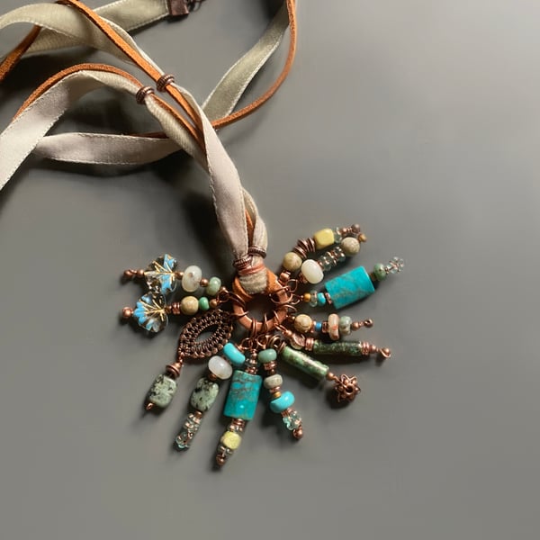 Gemstone Necklace  - Turquoise & Green Beaded Cluster