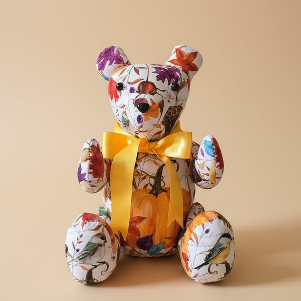 Custom Handmade Teddy Bear -  Seasonal Autumn Print with Bow