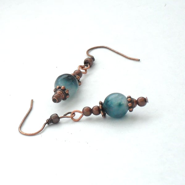 Teal green jade and copper handmade earrings