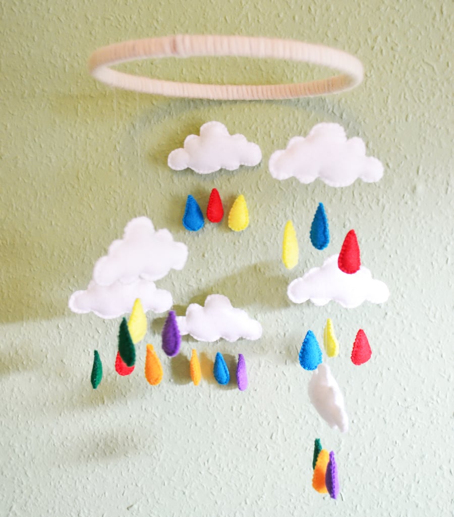 baby mobile, felt mobile, cloud mobile, cloud and rain mobile, nursery decor