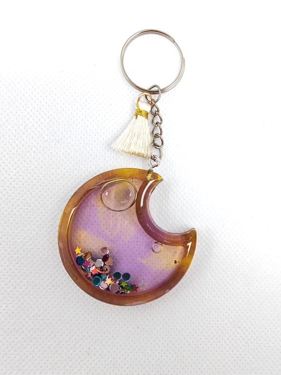 Crescent Moon Resin Keychain: Glitter Star Shaker, Pastel Tassel Charm