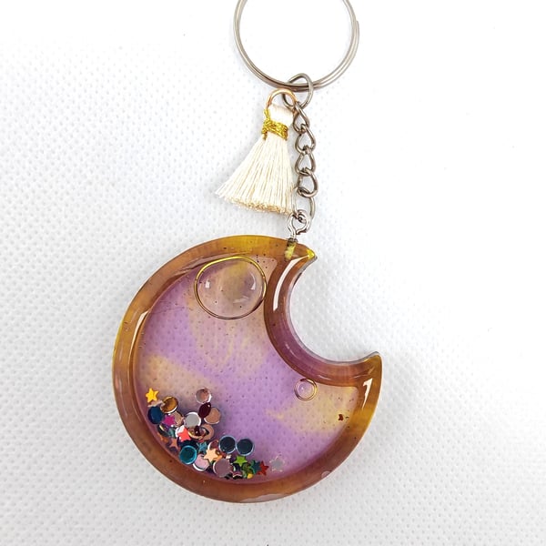 Crescent Moon Resin Keychain: Glitter Star Shaker, Pastel Tassel Charm