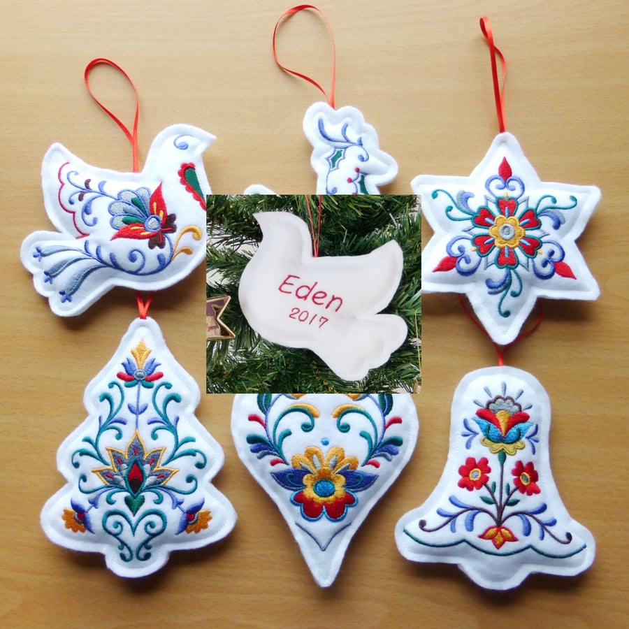 Personalised Christmas decorations, embroidered.