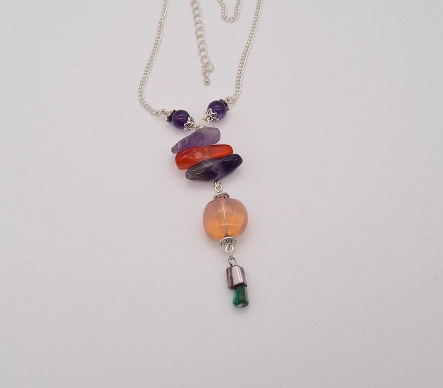 Handmade Gemstone Necklace- Amethyst- Carnelian- Opalite On A 18 Inch Adjustable