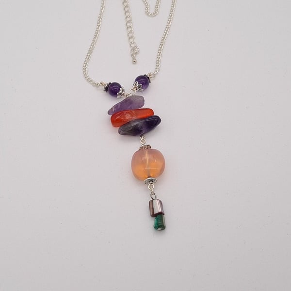 Handmade Gemstone Necklace- Amethyst- Carnelian- Opalite On A 18 Inch Adjustable