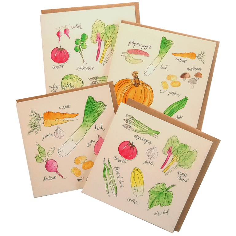 Eat Your Veg - Watercolour Illustration Set of x4 Cards & Envelopes