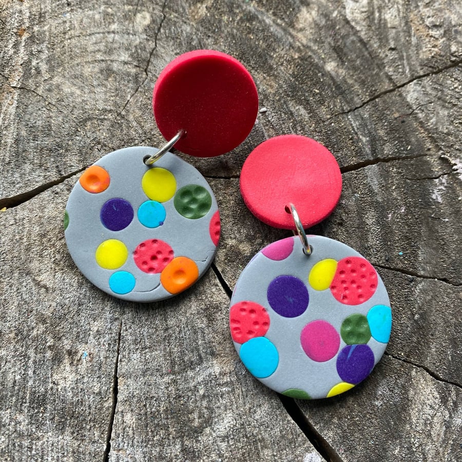 bright spotty earrings, polka dot earrings, dotty polymer clay earrings