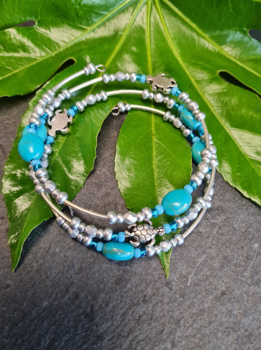Wrap around Turtle and Turquoise Howlite Bracelet 