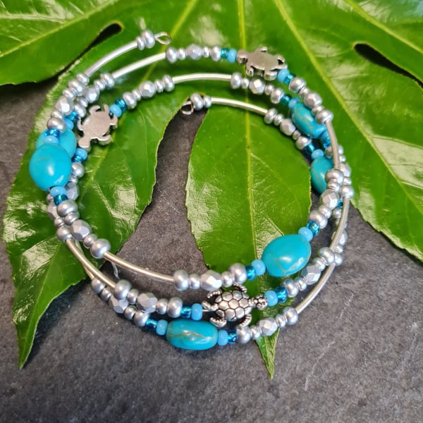 Wrap around Turtle and Turquoise Howlite Bracelet 