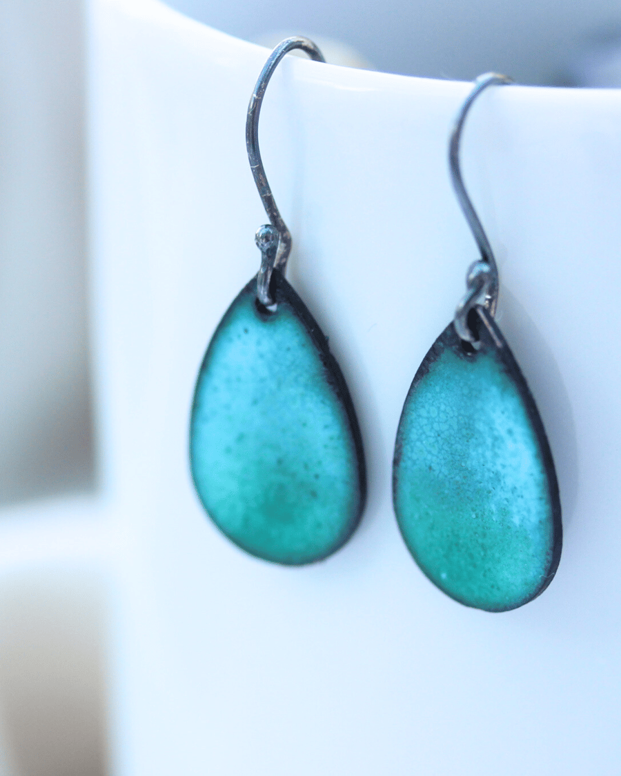 Coloured Enamel teardrop dangly earrings -lime green, turquoise, pale blue, pink