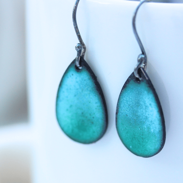 Coloured Enamel teardrop dangly earrings -lime green, turquoise, pale blue, pink