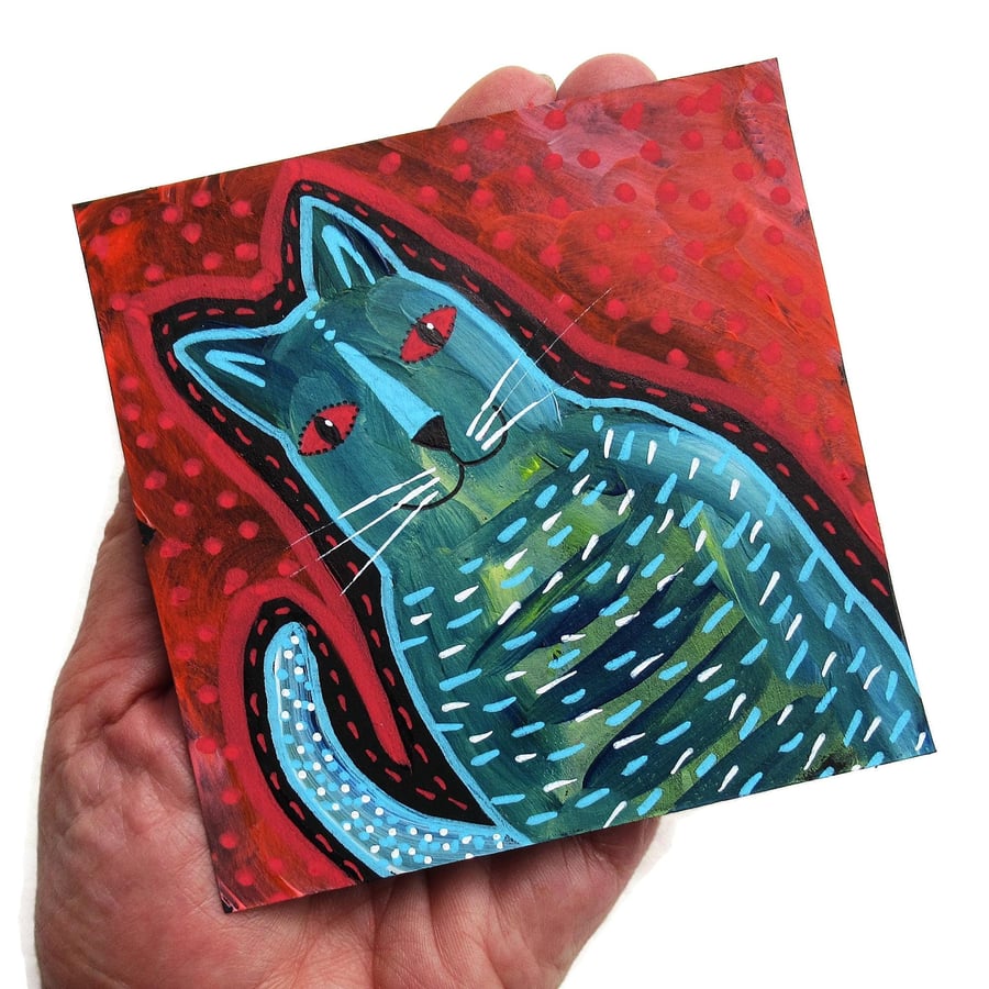 Cute Cat Painting Blue Striped Whimsical Kitty Miniature Artwork 4x4" Folk Art